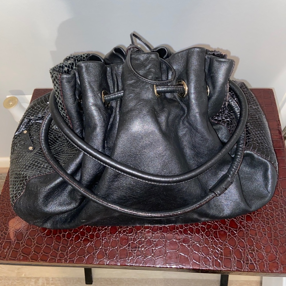 black leather Kate Spade satchel purse with real snakeskin side panels large
